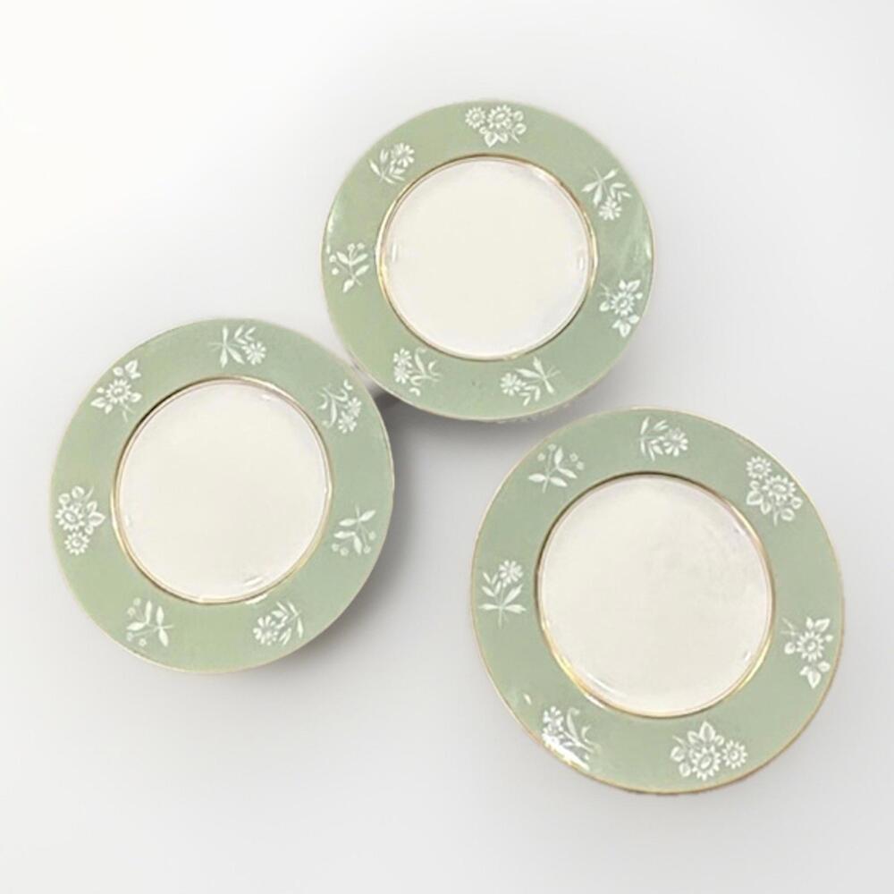 Set of 3 Vintage Simpsons Clarendon 8" Salad Plates | Green Floral Gold Trim